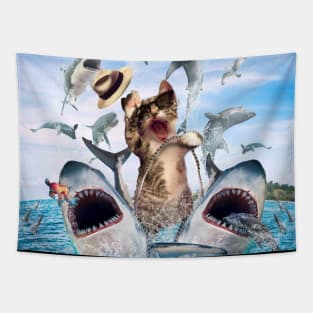 Cat Riding Sharks Tapestry