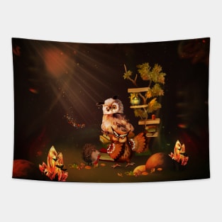 Friends cute owls and Hedgehog Tapestry