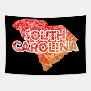 Colorful mandala art map of South Carolina with text in red and orange Tapestry