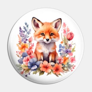 A red fox decorated with beautiful colorful flowers in a watercolor illustration Pin
