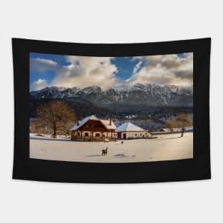 House by the mountains, winter time Tapestry