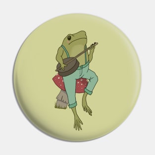 Funny Cottagecore Frog Playing Banjo Guitar and Sitting on a Mushroom Pin