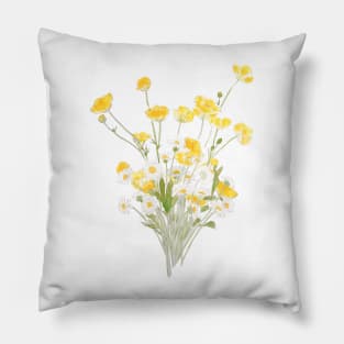 yellow buttercup and white daisy flowers bouquet ink and watercolor Pillow