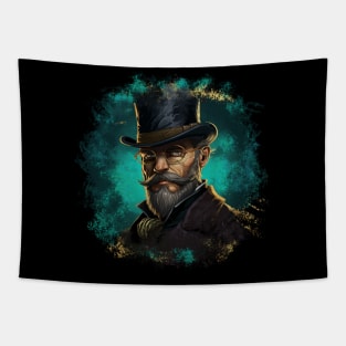 Vintage Design Illustration - Distinguished Gentleman in Glasses, Mustache, and Beard, Wearing a Suit with a Top Hat, Against a Turquoise Background. Tapestry