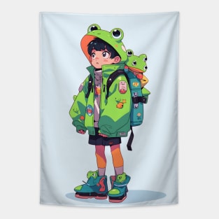 Kawaii Frog Anime School Boy Tapestry