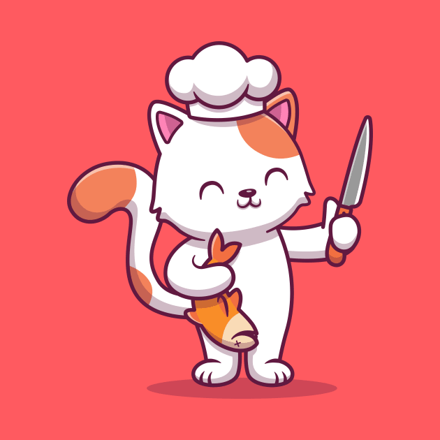 Cute Chef Cat Holding Fish And Knife by Catalyst Labs