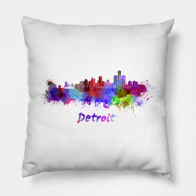 Detroit skyline in watercolor Pillow by PaulrommerArt