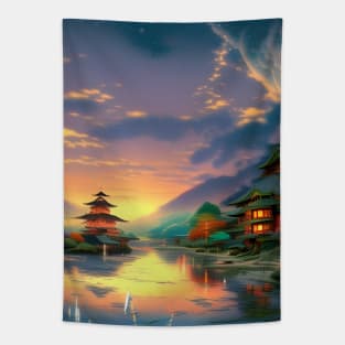 Beaux Animes Art Fantasy Japanese Anime Village Design Tapestry