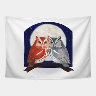 Eastern Screech Owl pair with a Full Moon Tapestry