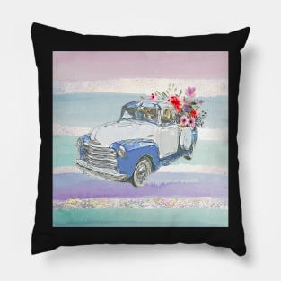 Farmhouse Style Spring Watercolor Flowers Pickup Truck Pillow