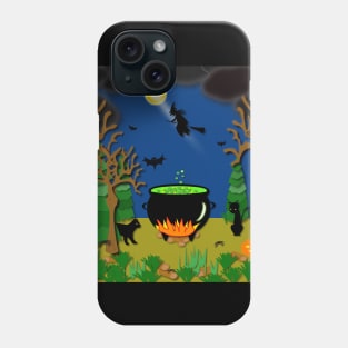 Scary, spooky, creepy, halloween with cauldron, spiders, bats, cats and a black witch on a broom stick Phone Case