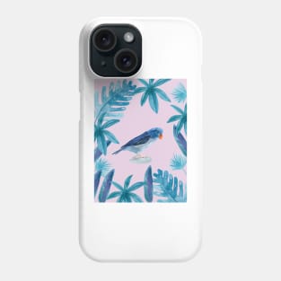 Blue Pacific Parrotlet with tropical leaves and violet background Phone Case