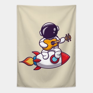 Cute Astronaut Playing Guitar On Rocket Tapestry