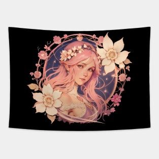 Pink Fantasy Woman In Flower Wreath Tapestry