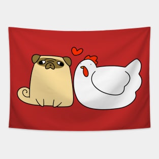 Pug and Chicken Love Tapestry