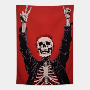 CHILL DUDE - skeleton holding hands in the air on red background Tapestry