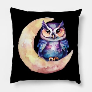 Whimsical Owl in Crescent Moon Watercolor Art Print Pillow