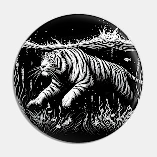 Monochromatic Outline Swimming Tiger in Water Pin