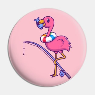 Cute Flamingo Eating Fish Cartoon Pin