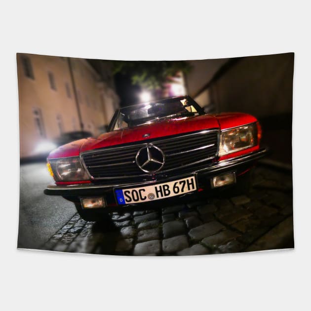 Vintage Merceds Red German classic car at Night Tapestry by JonDelorme