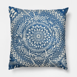 Diamond and Doodle Mandala On Blue Pillow