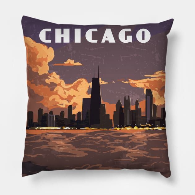 Chicago, Illinois, USA. Sunset.Retro travel poster Pillow by GreekTavern