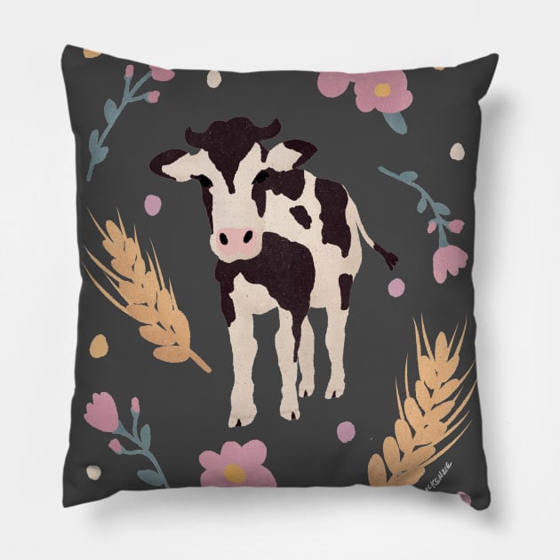Cow Portrait with Wheat and Flowers Pillow by Annelie