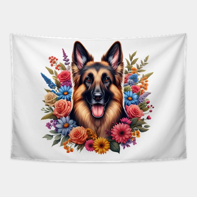 A German shepherd decorated with beautiful colorful flowers. Tapestry by CreativeSparkzz