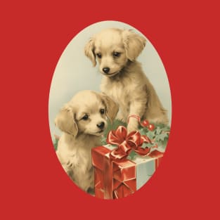 Puppies Xmas Unwrapping a Present T-Shirt