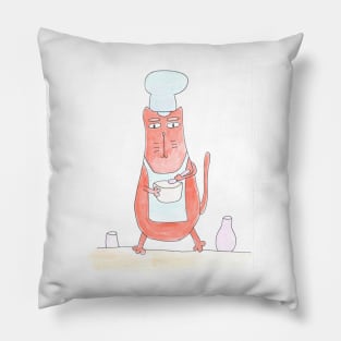 Cat prepares food. Cooking, cook. Food ordering. Food delivery. Watercolor illustration humorous. Humor, fun design modern Pillow