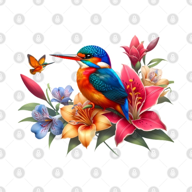 An oriental dwarf kingsfisher decorated with beautiful colorful flowers. by CreativeSparkzz