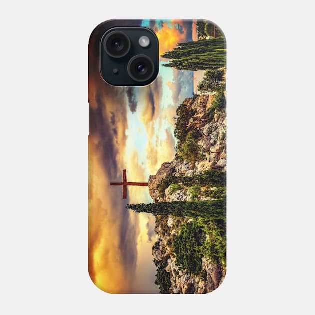 Cross On A Hill With Sunset Phone Case by ChristianShirtsStudios