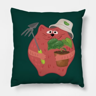 Cat gardener with seedlings and gardening tools in his paws Pillow