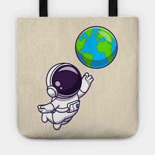 Cute Astronaut Floating With Earth World Cartoon Tote