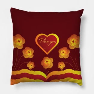 Golden flowers on a red background and a heart with the words "I love you". St. Valentine's Day Pillow