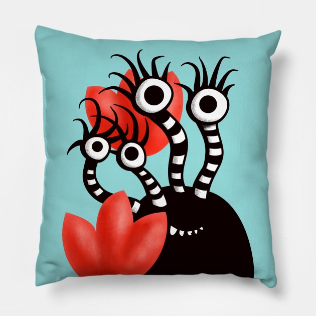 Cute Monster With Four Eyes Abstract Tulips Pillow by Boriana Giormova