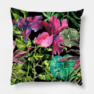 Seamless tropical flower, plant and leaf pattern background Pillow