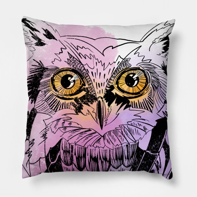 Owl graphic illustration on watercolor background Pillow by meridiem