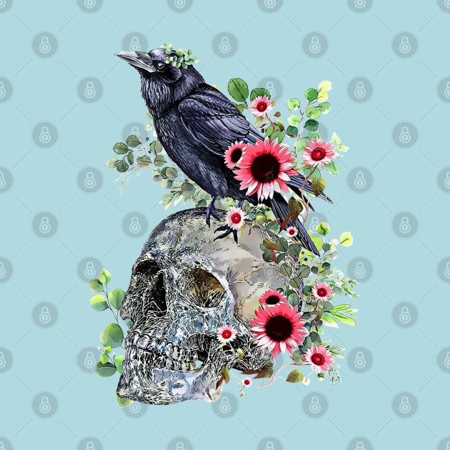 Black raven with skull and leaves crow, skeleton leaves eucaliptus and pink sunflowers by Collagedream