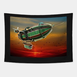 Fantasy steampunk blimp on sun set Tapestry