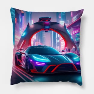 Dark Neon Sports Car in Asian Neon City Pillow