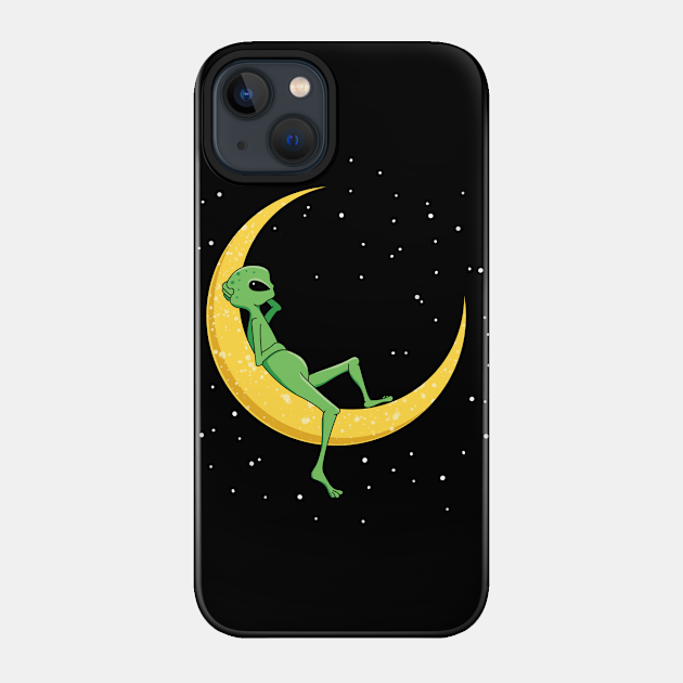 Alien Chilling on Crescent Moon - Alien - Phone Case