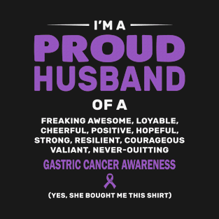 Proud Husband Freaking Awesome Loyable Cheerful Hopeful Strong Gastric Cancer Awareness Periwinkle Ribbon Warrior T-Shirt