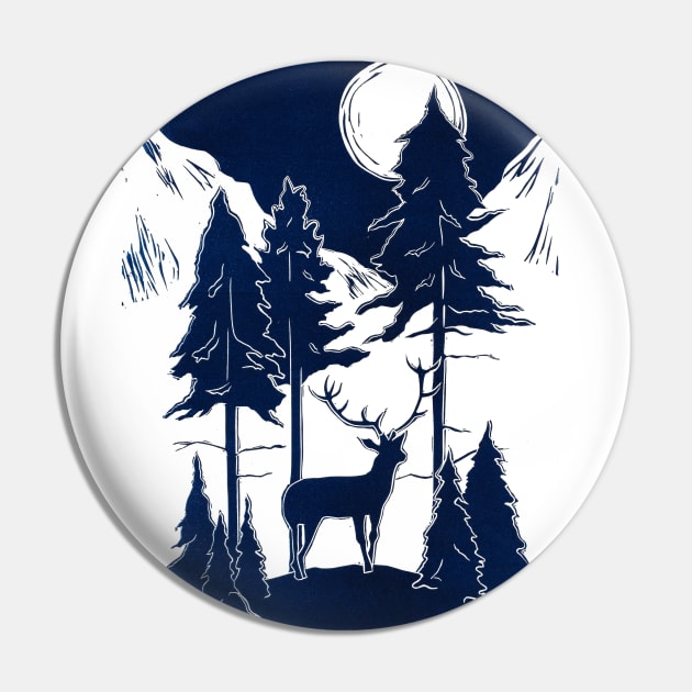 Stag in Moonlit Mountains Linocut Pin by Maddybennettart