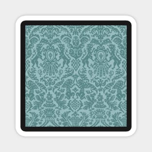 Dark Teal on Aqua Weird Medieval Lions, Cherubs, and Skulls Scrollwork Damask Magnet