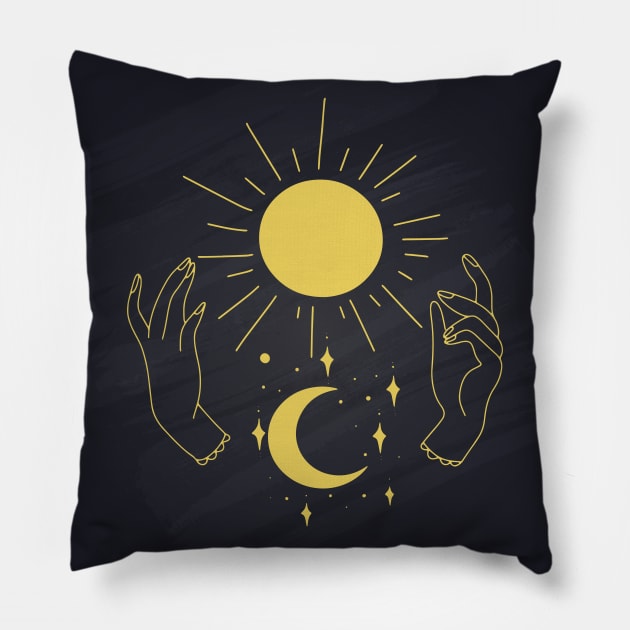 Hands Holding Sun Ray And Moon Crescent, Minimal Wall Art Pillow by Modern Art