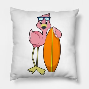 Flamingo as Surfer with Surfboard Pillow