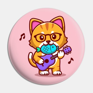 Cute Cat Playing Guitar With Fish Cartoon Pin