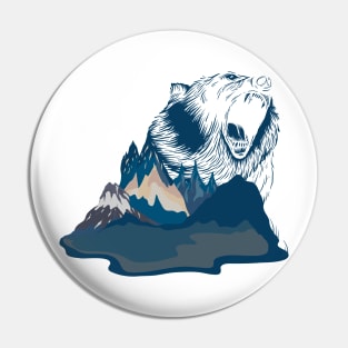 Bear Roaring in Blue Mountain Landscape | Gift Idea for Travelers who love Hiking or Camping | Wanderlust Pin