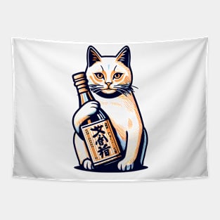 Vintage Cat and Sake: Hilarious Japanese-Inspired Tee Tapestry